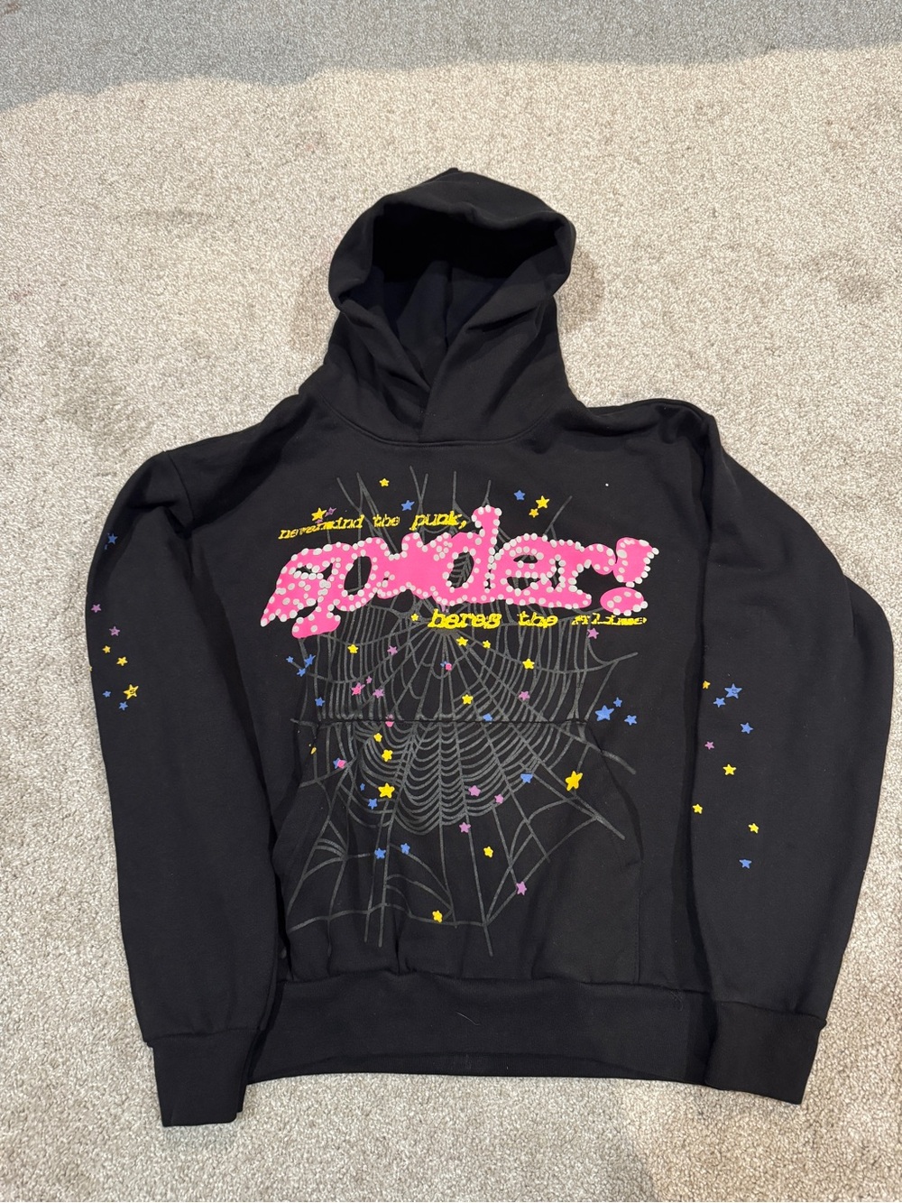 Black Puxdler Men's Hoodie with Pink Logo and Star Print